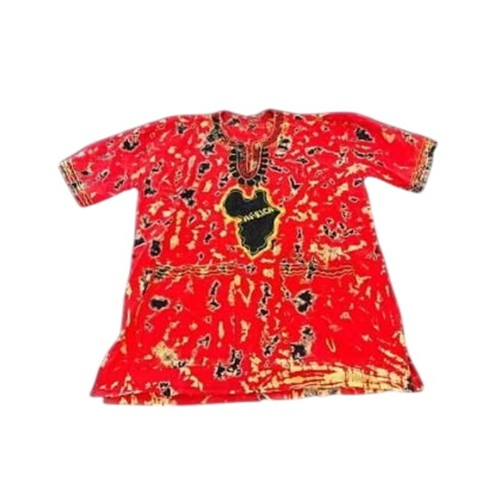 Vintage Red Batik Dashiki Shirt Africa Map Embroidery Short Sleeve Unisex XL